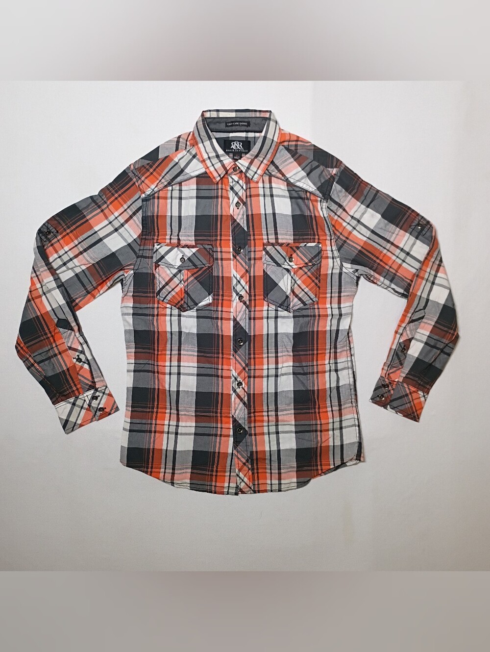 Rock & Republic Mens Western Plaid Button Up Shirt Small Orange Grey